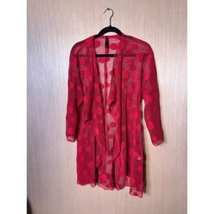 IC by Connie K Red Polka Dot Mesh Knit Open Front Cardigan Jacket Womens Large L